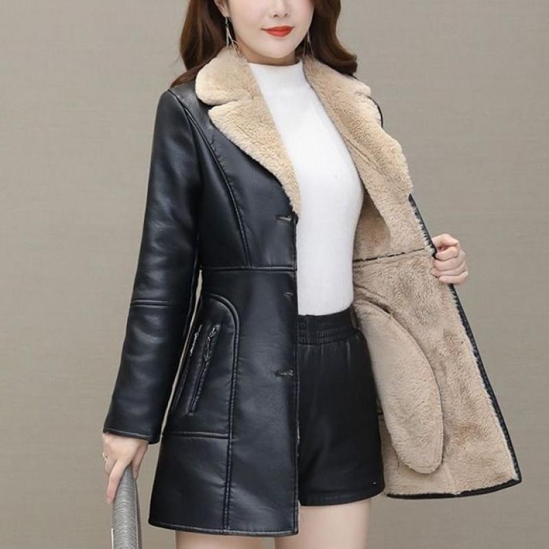 ZXRYXGS High Quality PU Leather Clothes Women's Plush Thickened Mid Length Coat 2023 Autumn Winter Slim Fit  Waist Trend Coat