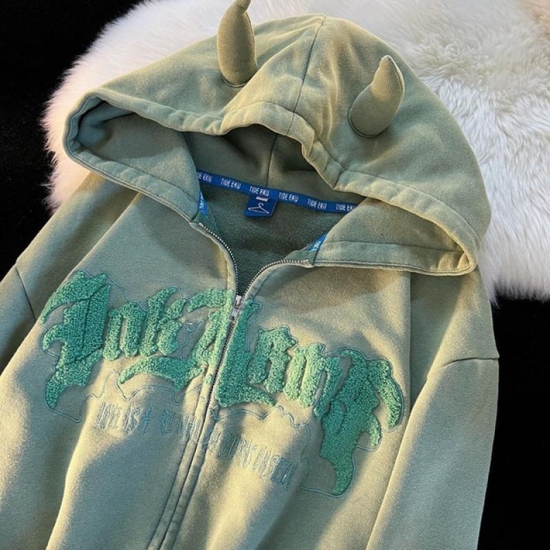 Women Letter Embroidery Hoodies Autumn Winter Vintage Zipper Long Sleeve Oversized Jacket Coat Harajuku Casual Hooded Sweatshirt