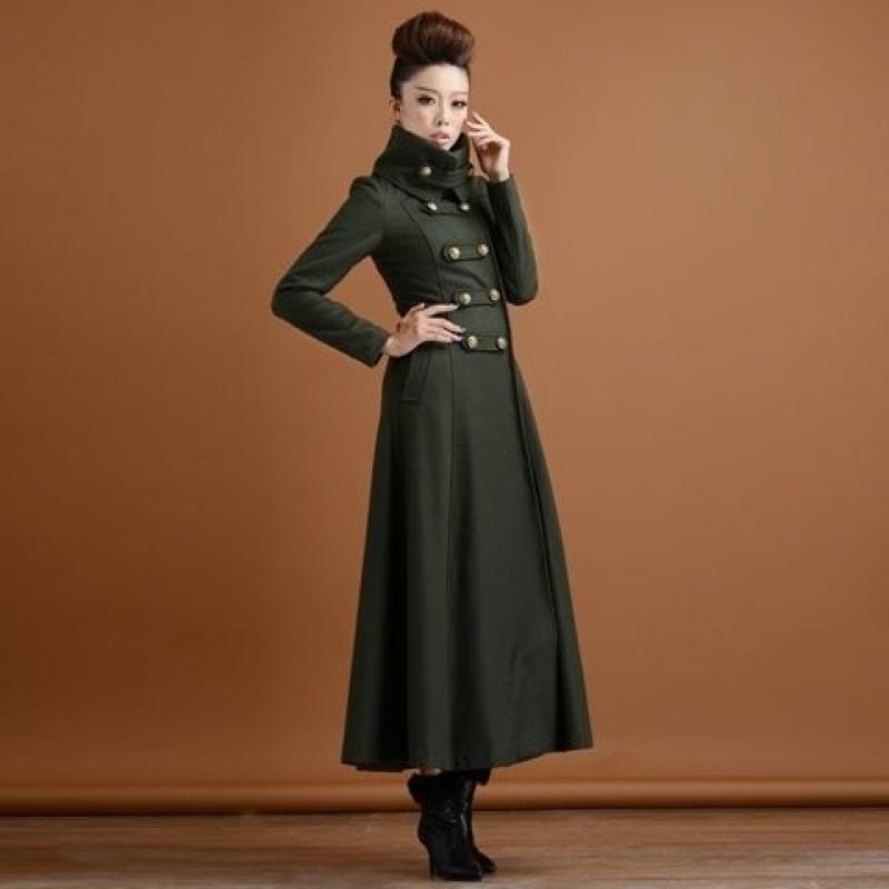 New Fashion Autumn/Winter New Woolen Coat Military Green Slim Fit Women's Long Over Knee Military Style Wram Woolen Coat