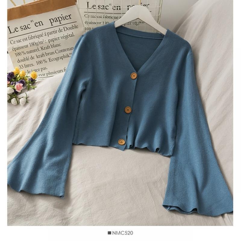 Spring Autumn V Neck Sweater Cardigans Women Flare Sleeve Knitted Cardigan Jacket Female Three Buttons Slim Knittwear Short Coat