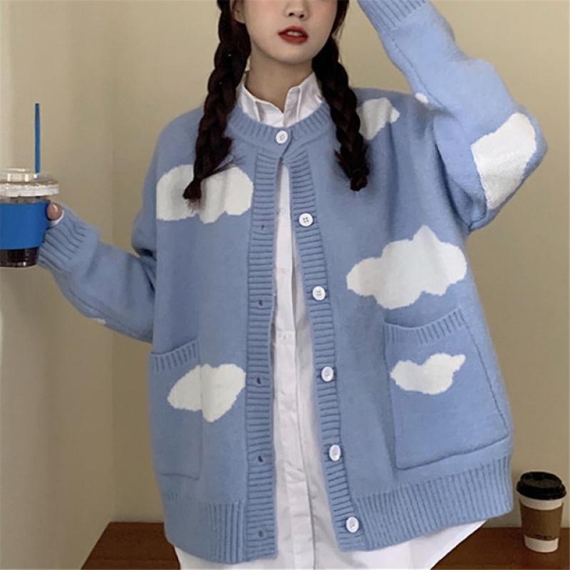 Cloud Blue Women Sweet Cardigan Winter Autumn O-Neck Button Long Sleeve School Girl Preppy Style Knit Coat Jacket Streetwear