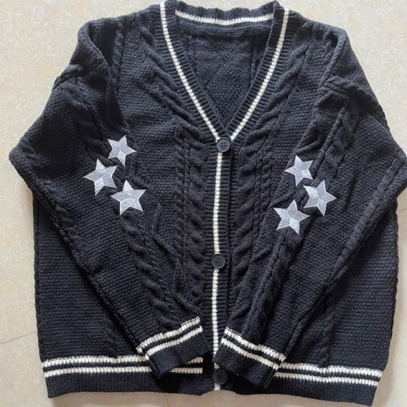 Chic Vintage Star Print Knitted Cardigan Preppy Cute Button Up V Neck Long Sleeve Coat Autumn Y2K Aesthetics Retro Sweater