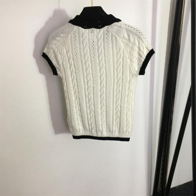 Summer new flocking letter Cembroidery color blocking black lapel Fried Dough Twists knitwear white top