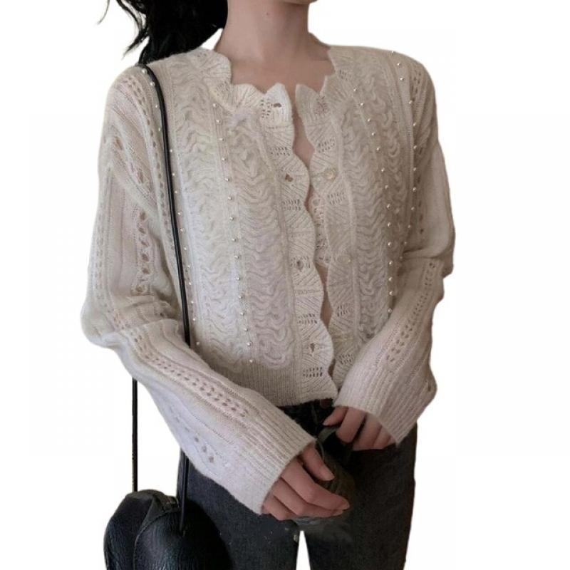 Women Autumn Long Sleeve Hollow Out Knit Cropped Cardigan Button Down Imitation Pearl Beaded Casual Loose Sweater Coat