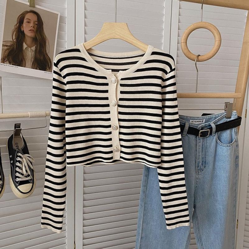 Women Basic Stripe Sweater  Casual O-Neck Long Sleeve Single Breasted Knitted Cardigan 2023 Autumn New Slim Versatile Short Top