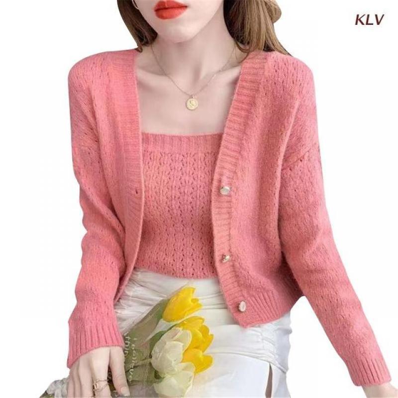 Women Elegant Preppy Style Long Sleeve Knit Button Down Cardigan Sweaters Solid Color 2 Pieces Camisole Crop Top Set