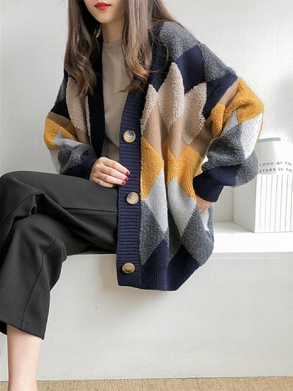 Colorfaith 2022 Plaid Chic Cardigans Button Puff Sleeve Checkered Oversized Women's Sweaters Winter Spring Sweater Tops SW658