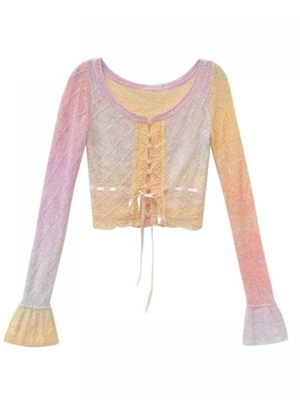 Rainbow Gradient Crop Top Women Spring Flare Sleeve Knitted Cardigan Female Korean Style Hotsweet Lace-Up Knitwear Slim Sweater