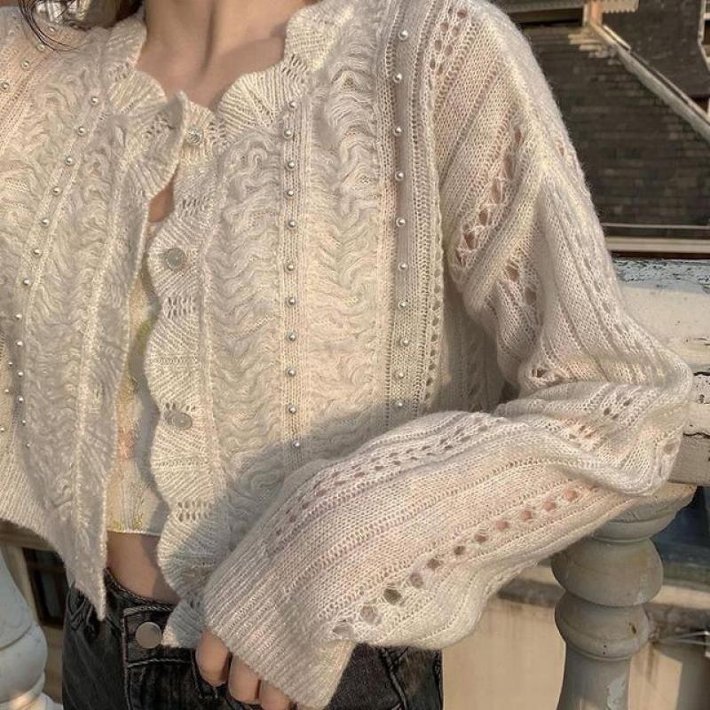 Slim Ruffles Collar Hollow Out Y2K Vintage Short Sweaters Women Cardigan Long Sleeve Solid Knitted Tops Sweet Sueters Mujer