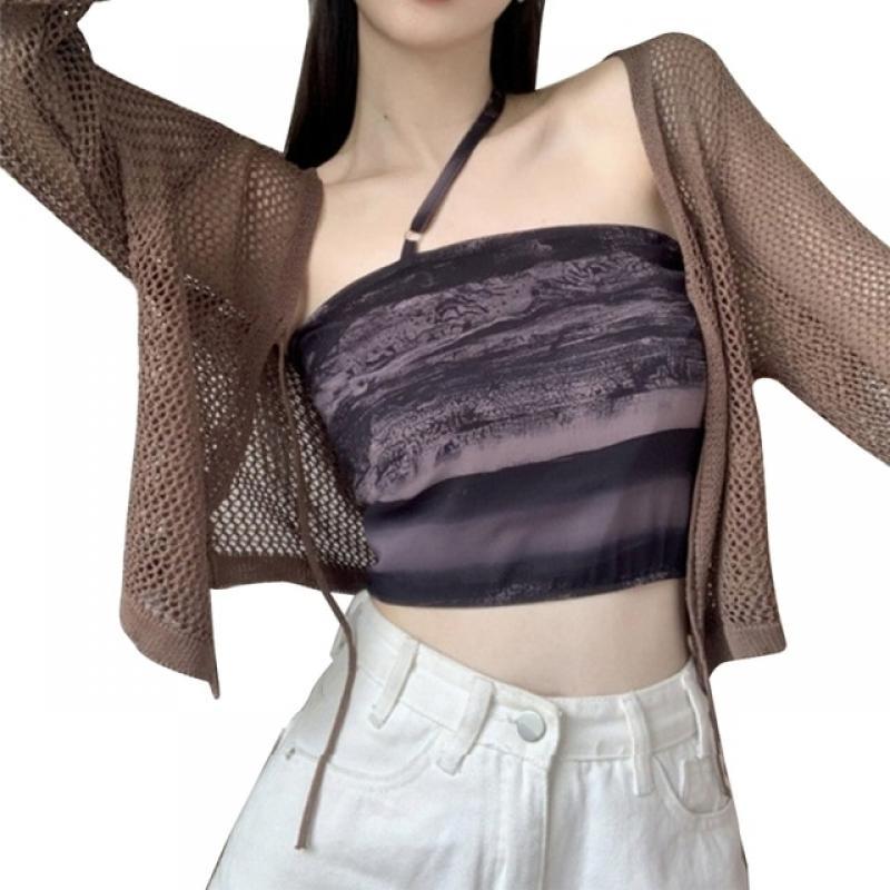 Women V-Neck Lace-Up Front Long Sleeve Cardigan Crop Top Hollow Out See Through Fishnet Mesh Shirts Thin Cover Up Jacket