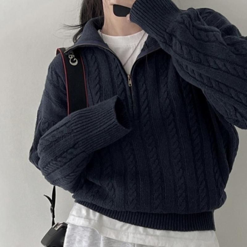 Women Autumn New Solid Color Sweater 2023 New Half High Collar Knit Pullover Baggy Long Sleeve Zipper Lady Knitwear BF Oversize