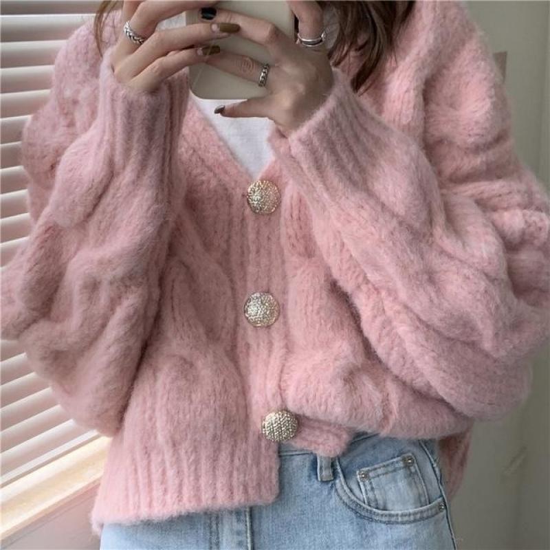 New Women's Pink Crop Top Sweater Coat Lazy Korean Clothes Loose Knitted Cardigan V-neck Fashion Tops Cute Jacket 2021