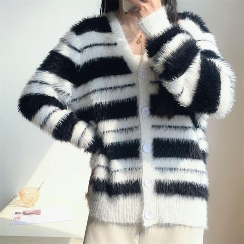 Sweet Striped Mohair Sweater Women Autumn Winter Loose Soft Fuzzy Knitted Cardigans Fashion V-neck Oversize Furry Kawaii Jumpers