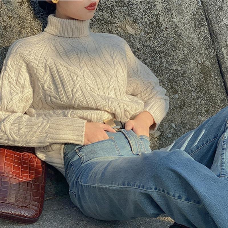 2021 autumn and winter women's high neck cashmere sweater casual cable pullover long sleeve loose sweater street fashion sweater