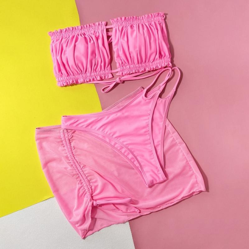 Sexy Bandeau Bikini 3 Piece Swimsuit Women Swimwear Cutout Bathing Suit Pleat Beachwear Female Brazilian Biquini Pink Bikini Set