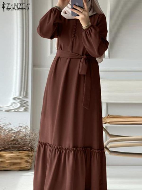 ZANZEA Ramadan Turkey Robe Eid Mubarek Abaya Muslim Fashion Dresses Women Long Sleeve Sundress Vintage Kaftan Islamic Vestido