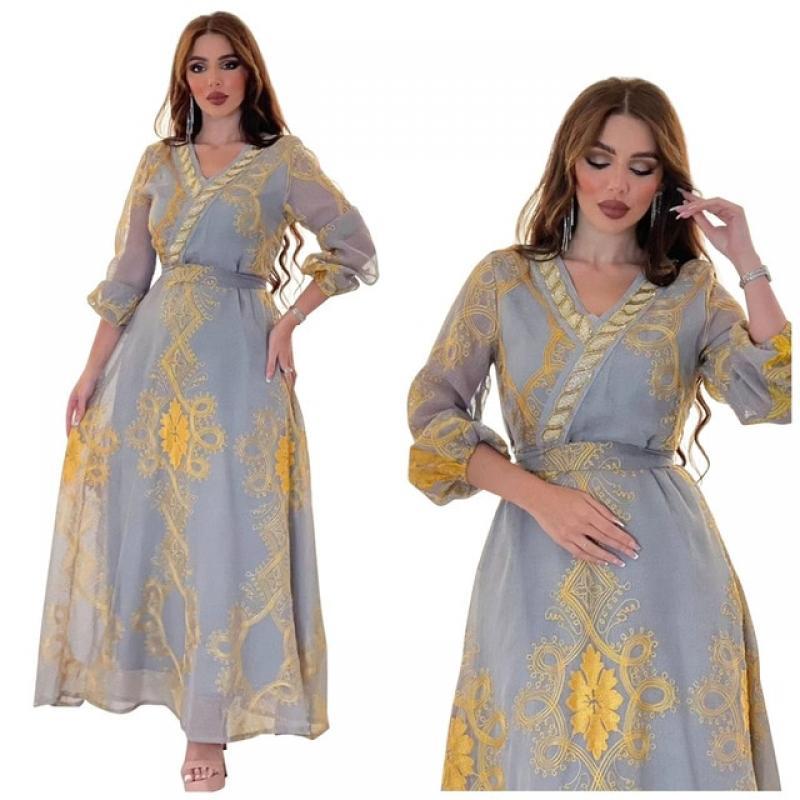 Abaya Dress Summer Elegant Muslim Women Long Sleeve V-neck Polyester Blue Black Embroidery Long Abaya Muslim Fashion Dresses