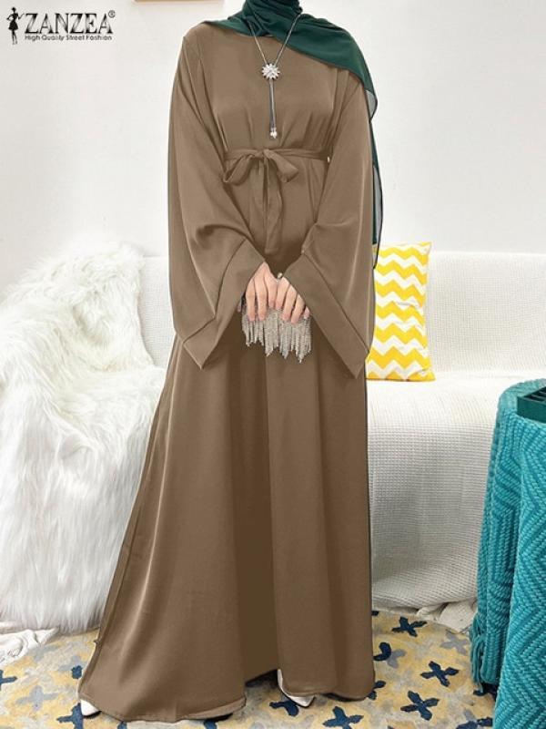 ZANZEA Vintage Muslim Sundress Bat Sleeve Casual Satin Dress Islamic Clothing Ankle Length Robe Fashion Party Abaya Ramadan 2023