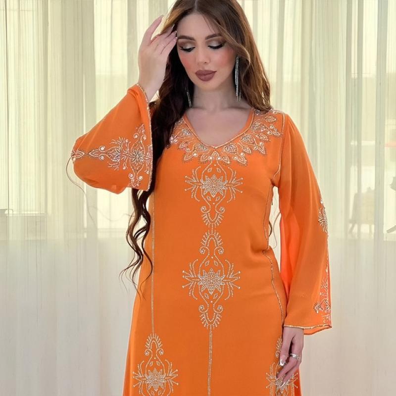 Orange Blue Pink Green Polyester Muslim Abaya for Women Summer Elegant Muslim Women Long Sleeve V-neck Polyester Long Abaya