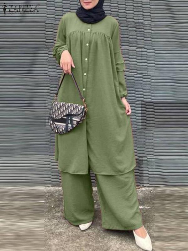ZANZEA 2PCS Muslim Sets Solid Long Shirt Abaya Women Long Sleeve Blouse &Wide Leg Pant Sets Causal Suit 2023 Autumn Tracksuits