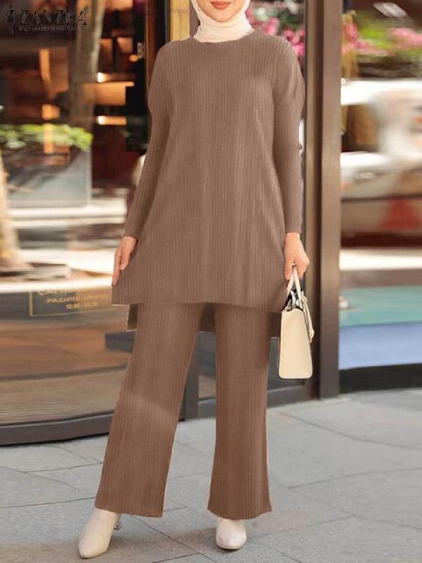 ZANZEA Women Muslim Suit Abaya Kaftan 2PCS Long Sleeve Split Hem Blouse Wide Leg Pants Sets Solid Elegant Outfit Tracksuits
