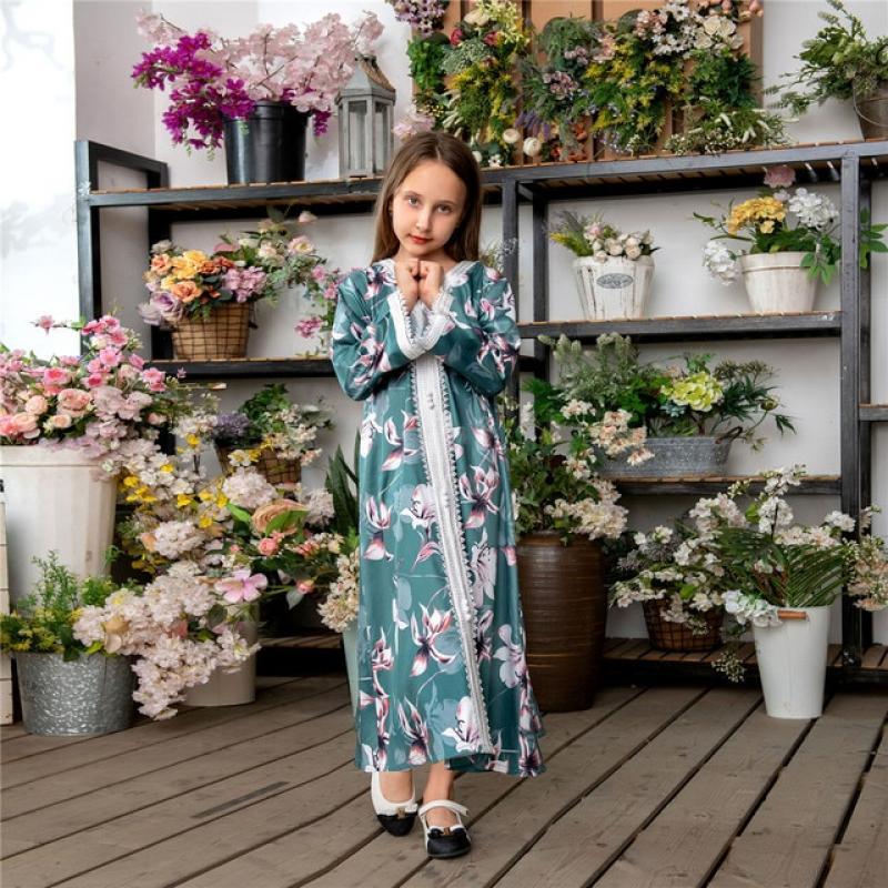 Floral Print Girls Kids Muslim Long Maxi Dress Islamic Clothing Dubai Abaya Children Eid Ramadan Moroccan Party Robe Arab Jilbab