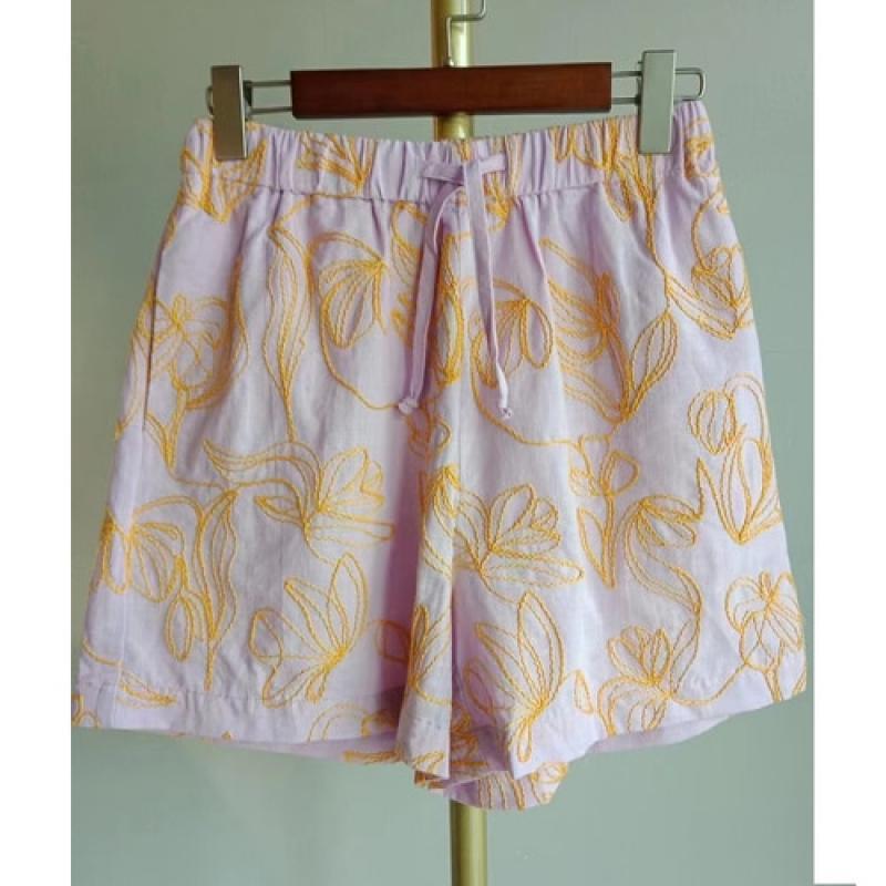 Cotton Blended Light Pink Purple Embroidered Elastic Waistband A-line Shorts Women Shorts