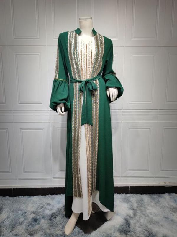 Sequin Abaya 2 Piece Set Long Islamic Elegant Party Belt Puff Sleeve Gold Chiffon Evening Dresses Muslim Women