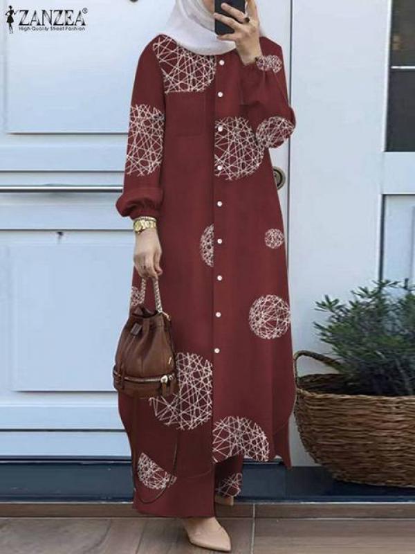 ZANZEA Fashion 2pcs Women Muslim Sets Spring Long Sleeve Shirt Pants Suits Casual Dubai Turkey Abaya Sets Eid Mubarek Outifits