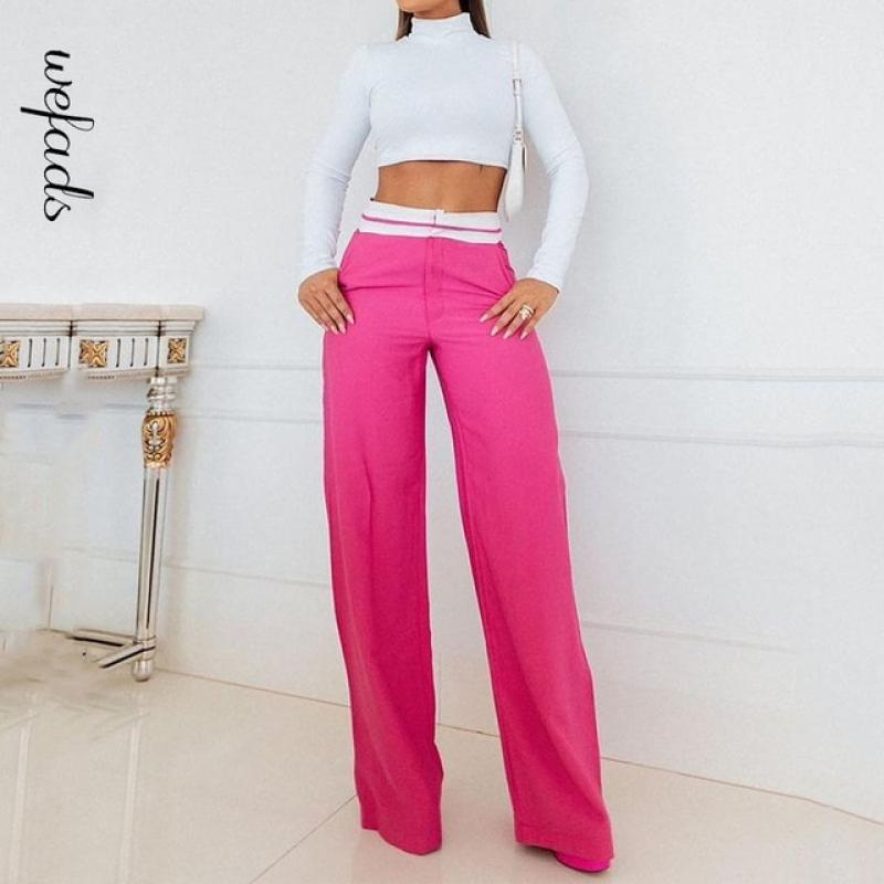 Wefads Women Two Piece Set 2023 Office Fashion Solid Round Neck Long Sleeve High Waist Slim Top Loose With Pockets Pants Sets