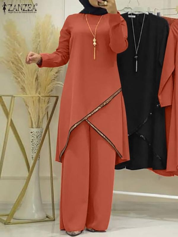 Autumn Muslim Sets Long Sleeve O-Neck turkish Blouse Wide Leg Pant Suit ZANZEA Casual Solid Women Matching Set Ladies Outfits