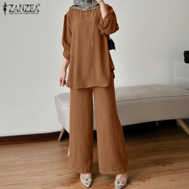 2023 ZANZEA Turkey Ramadan Muslim Set Women Fashion Long Sleeve Bead Splicing Blouse Wide Leg Pant Vintage Casual Elegant Suit