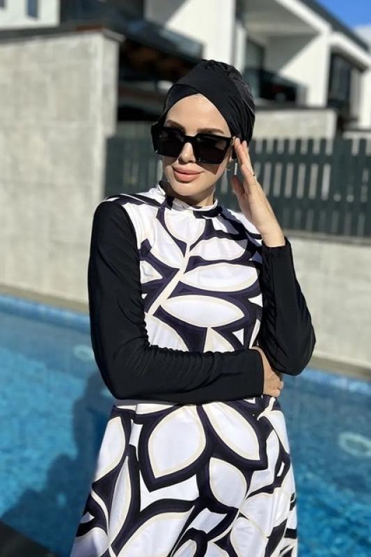 3 Pcs/Set Muslim Swimwear Women White Printed Swimsuit Full Cover Islamic Suit Hijab Long Sleeve Swimwear Burkini Swimwear