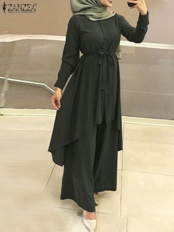 ZANZEA Two Piece Sets Womens Outifits Fashion Lapel Neck Long Sleeve Shirt Pant Sets Muslim Wide Leg Trousers Islamic Suits