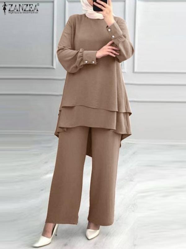 2PCS ZANZEA Women Muslim Sets Fashion Dubai Turkey Abaya Hijab Suits Autumn Long Sleeve Blouse Trousers Suit Solid Outifits 2023