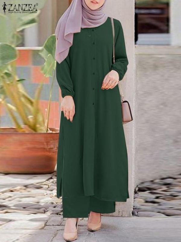 ZANZEA 2pcs Fashion Casual Dubai Turkey Abaya Sets Spring Long Sleeve Shirt Pants Suits Women Muslim Sets Eid Mubarek Outifits