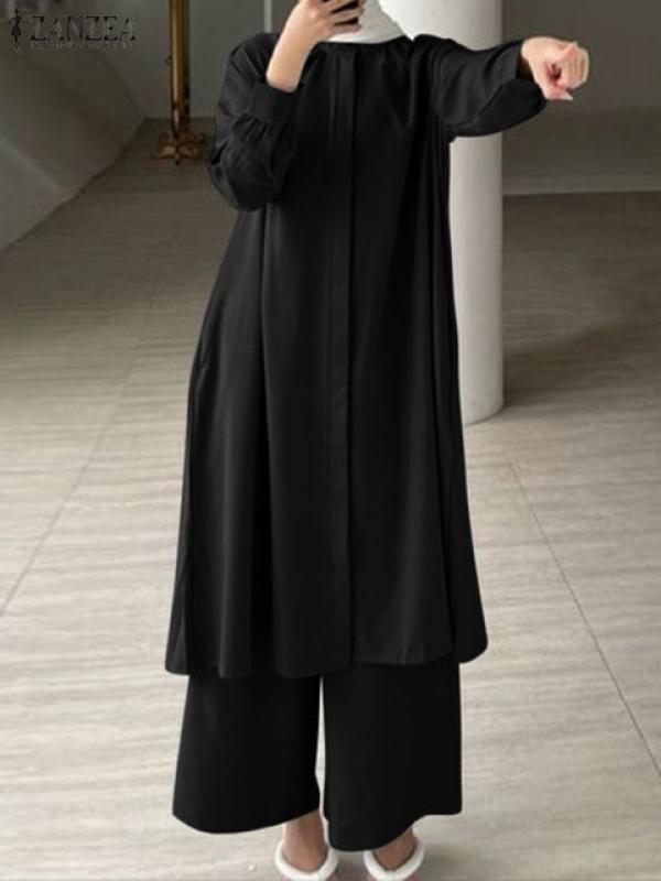 ZANZEA Muslim Women Blouse Suit Eid Mubarek Turkey Outfits Women Long Sleeve Shirt & Pant Sets Elegant Abaya Dubai Tracksuits