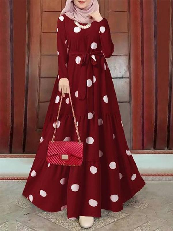 ZANZEA Women Spring Muslim Dress Elegant Casual Loose Abaya Kaftan Sundress  Long Sleeved Polka Dots Printed O-Neck Maxi Robe