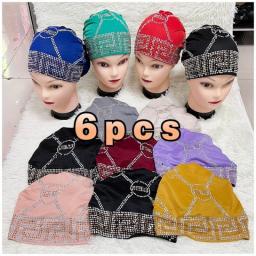 12 Pcs Latest Fashion Muslim Female Turban Hat Bonnet Gold Velvet Hot Rhinestone Solid Indian Beanie Hair Bonnets Cap For Women