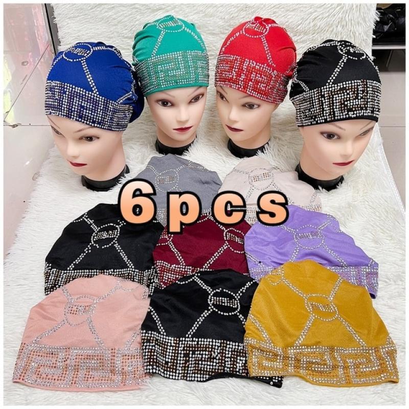 12 pcs Latest Fashion Muslim Female Turban Hat Bonnet Gold Velvet Hot Rhinestone Solid Indian Beanie Hair Bonnets Cap For Women