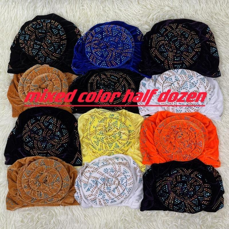 New Design African Women Prayer Hats Muslim Velvet Diamond Wrapped Head Hat Dubai Casual Party Summer Prayer Hats