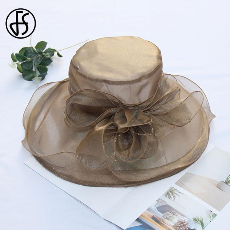 FS Pink Fedoras Hat Women Beige White Kentucky Derby Wide Brim Wedding Church Organza Party Hat Flower Flat Top Hats