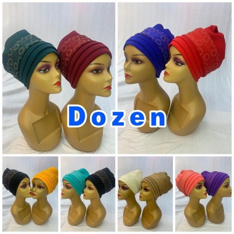 Wholesale Fashion Muslim Female Turban Hat Bonnet Elastic Fabric Hot Rhinestone Solid Indian Beanie Hair Bonnets Cap For Women
