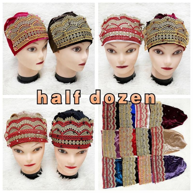 Wholesale 12pcs Fashion Muslim Female Turban Hat Bonnet Gold Velvet Hot Rhinestone Solid Indian Beanie Hair Bonnet Cap For Women