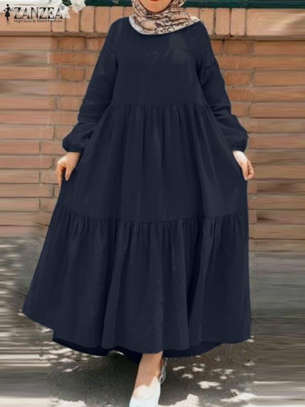 ZANZEA Autumn Full Sleeve O-Neck Solid Color Dresses Ruffles Fashion Muslim Dress Vintage Casual Elegant Party Robe Eid Mubarek