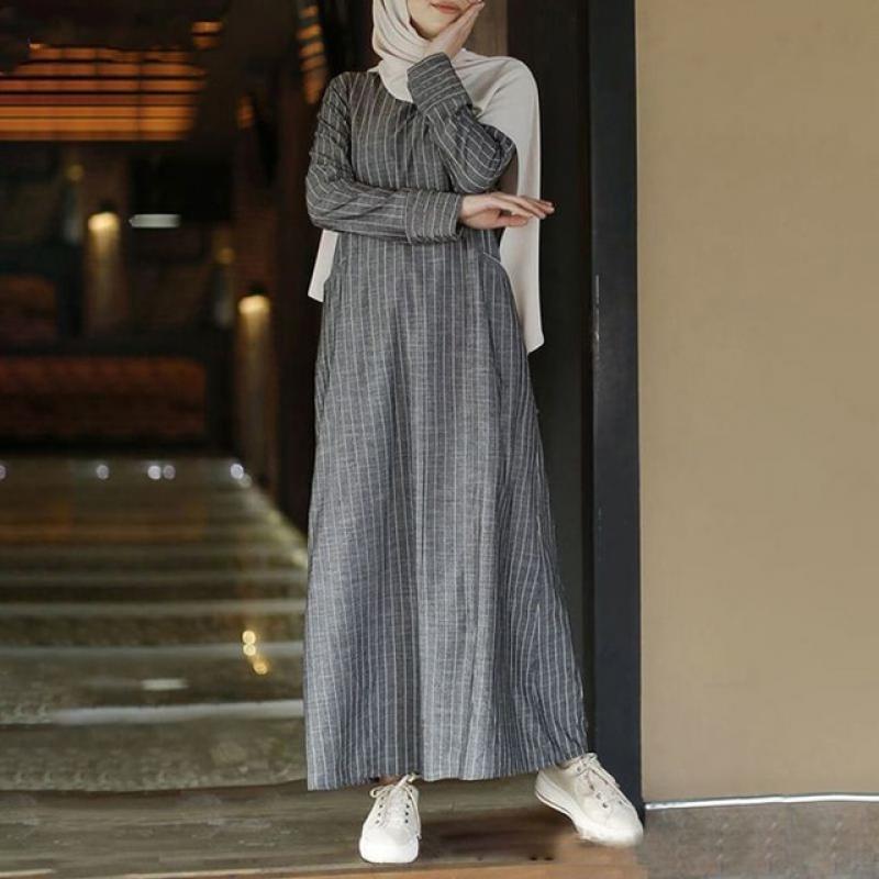 Women Muslim Long Sleeve Robe Cotton Linen Striped Round Neck Long Dress with Pocket Middle East Arab Dubai Loose Casual Clothes