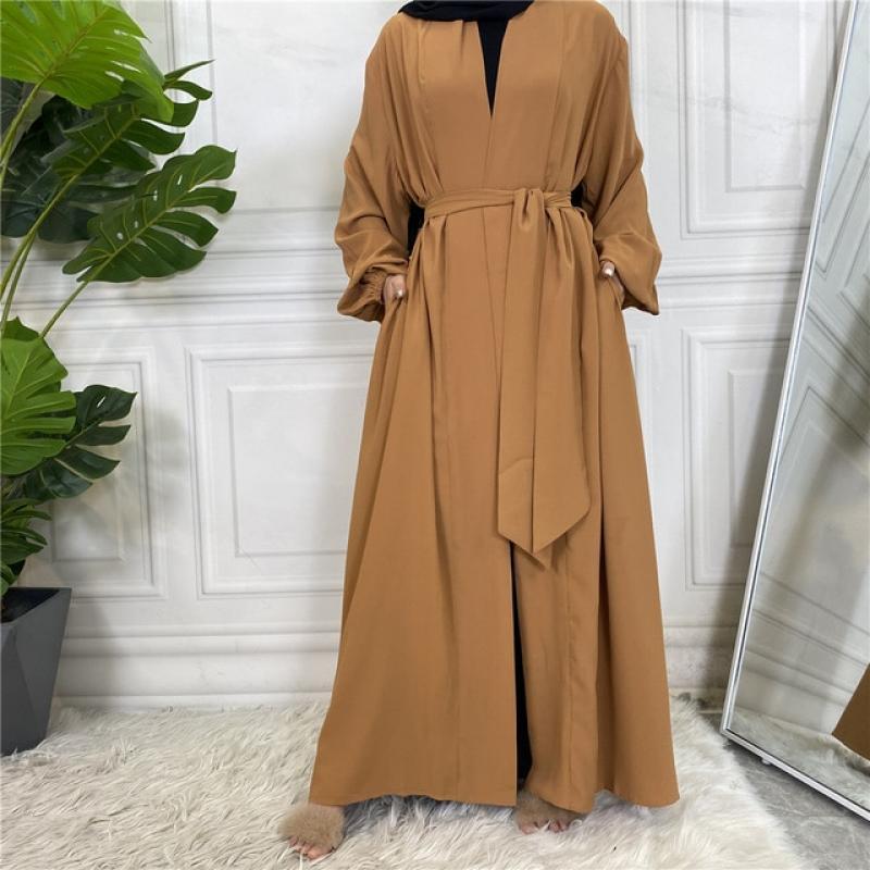 Hot Sale Simple Muslim Dress Elastic Cuff Silky Elegant pure Color Long Muslim Abayas Women Modest Wear Clothing EID robes F3003