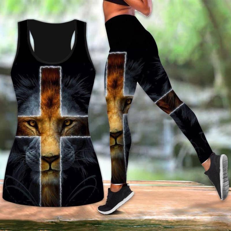 Womens Flower Tiger Lion 3D All Over Printed Combo Legging Yoga Pants and Hollow Tank Womens Sport Vest Tank Top Suit XS-8XL