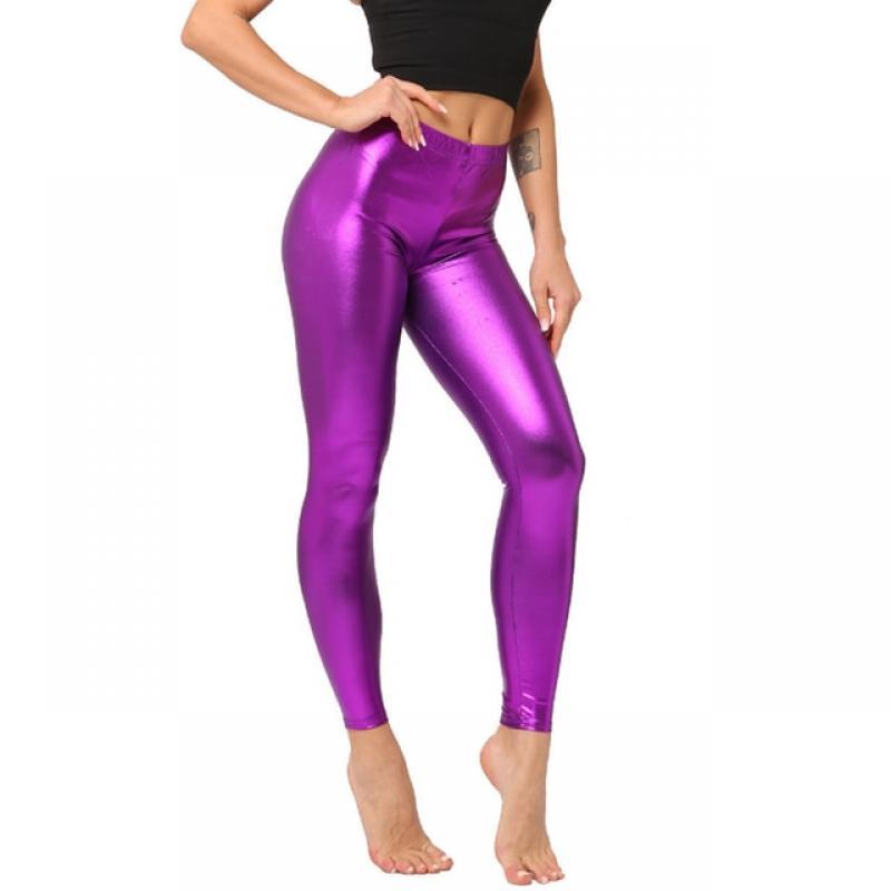 Womens Metallic Faux Leather Leggings Shiny Sexy Slimming Mid Waist Elastic Waistband Skinny Pants for Outdoors Workout Yoga Pub