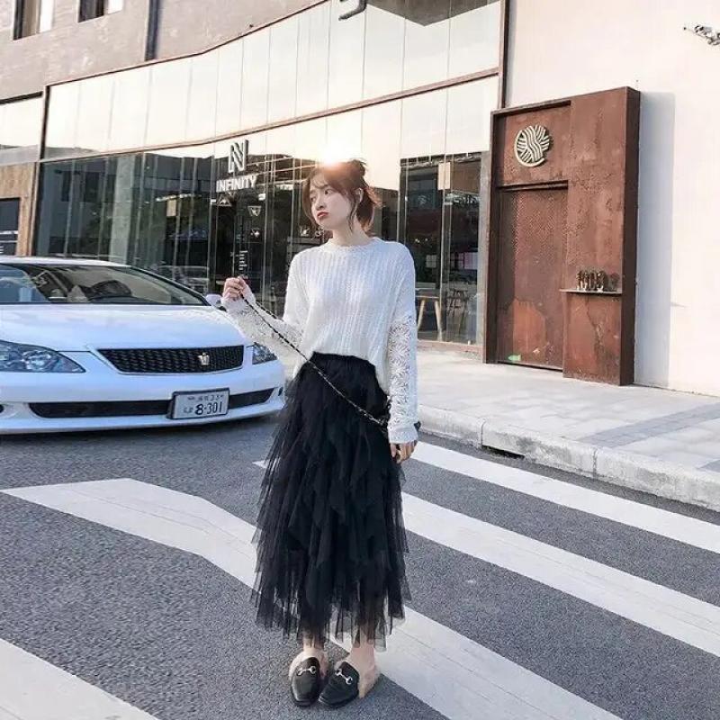 Fashion Solid Color Irregular Gauze Mid Length Skirt Women Classic Pleats Korean Casual All-match High Waisted Lady Cake Skirt